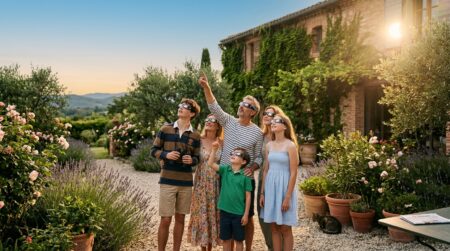 Famille observant l'éclipse solaire avec des lunettes protectrices