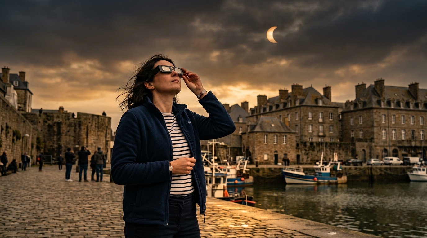 Habitant de Bretagne regardant le ciel pendant l'éclipse partielle