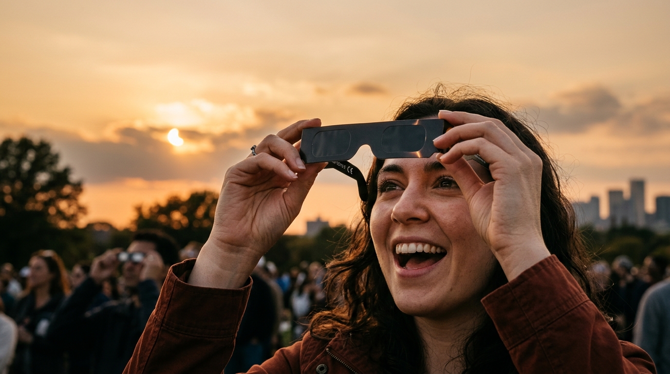Mains tenant des lunettes homologuées pour observer l'éclipse