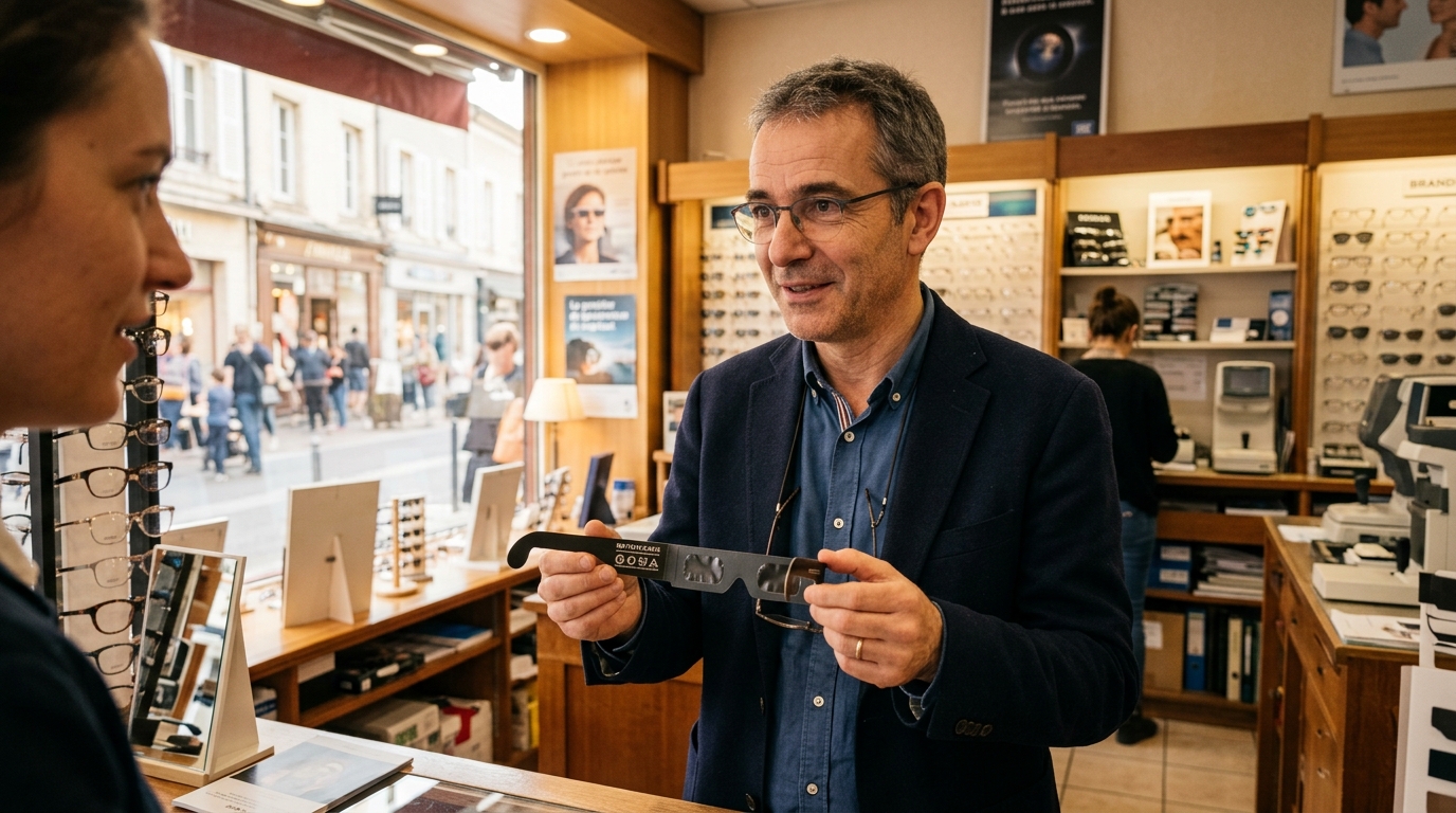Opticien présentant des lunettes d'éclipse homologuées ISO