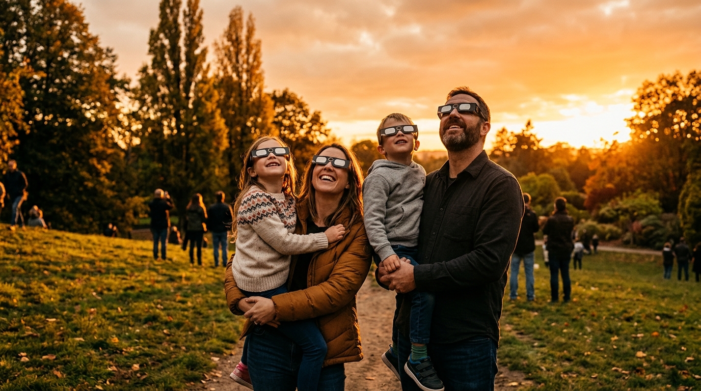 Famille équipée de lunettes homologuées avant l'éclipse solaire