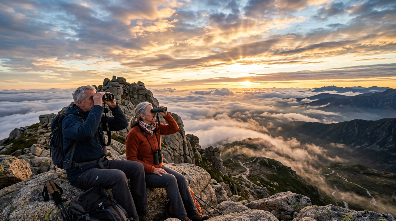 Randonneurs observant le ciel depuis un sommet au lever du soleil