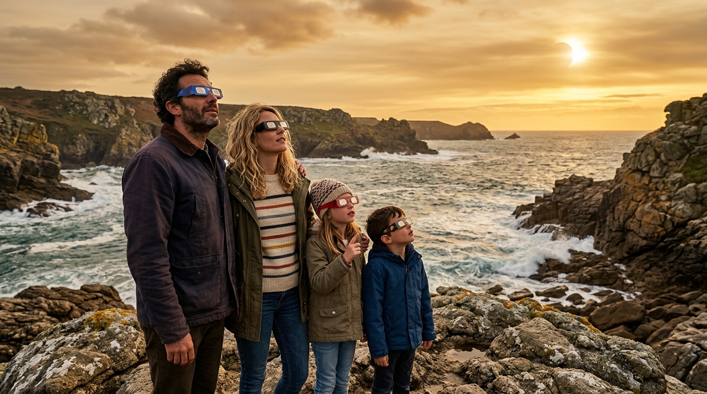 Famille avec lunettes d'éclipse sur la côte bretonne au coucher