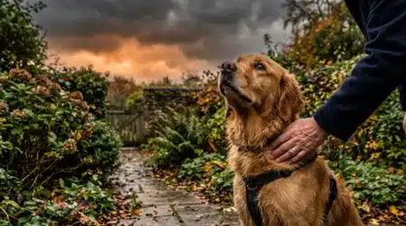 Chien inquiet regardant le ciel qui s'assombrit en pleine journée