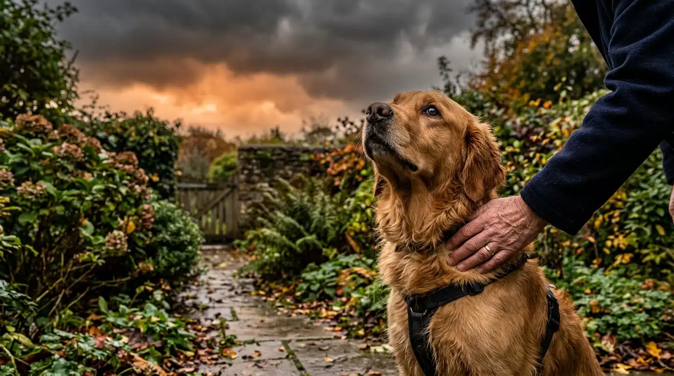 Chien inquiet regardant le ciel qui s'assombrit en pleine journée