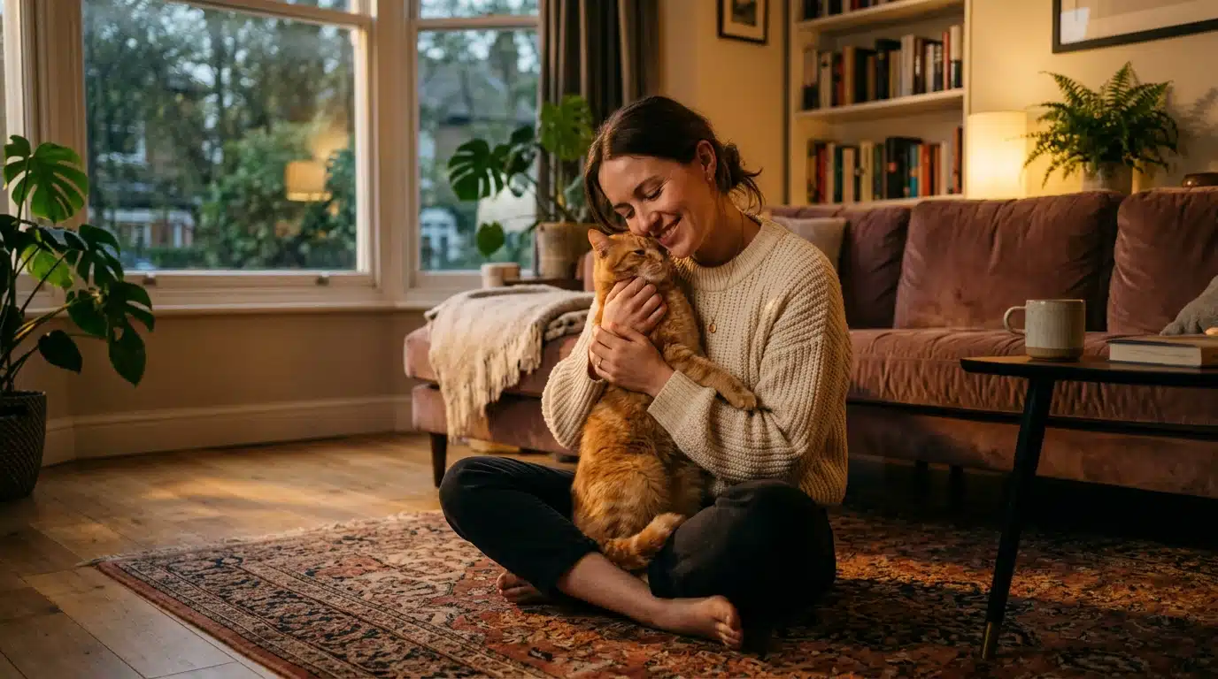 Femme rassurant son chat pendant l'obscurité soudaine de l'éclipse