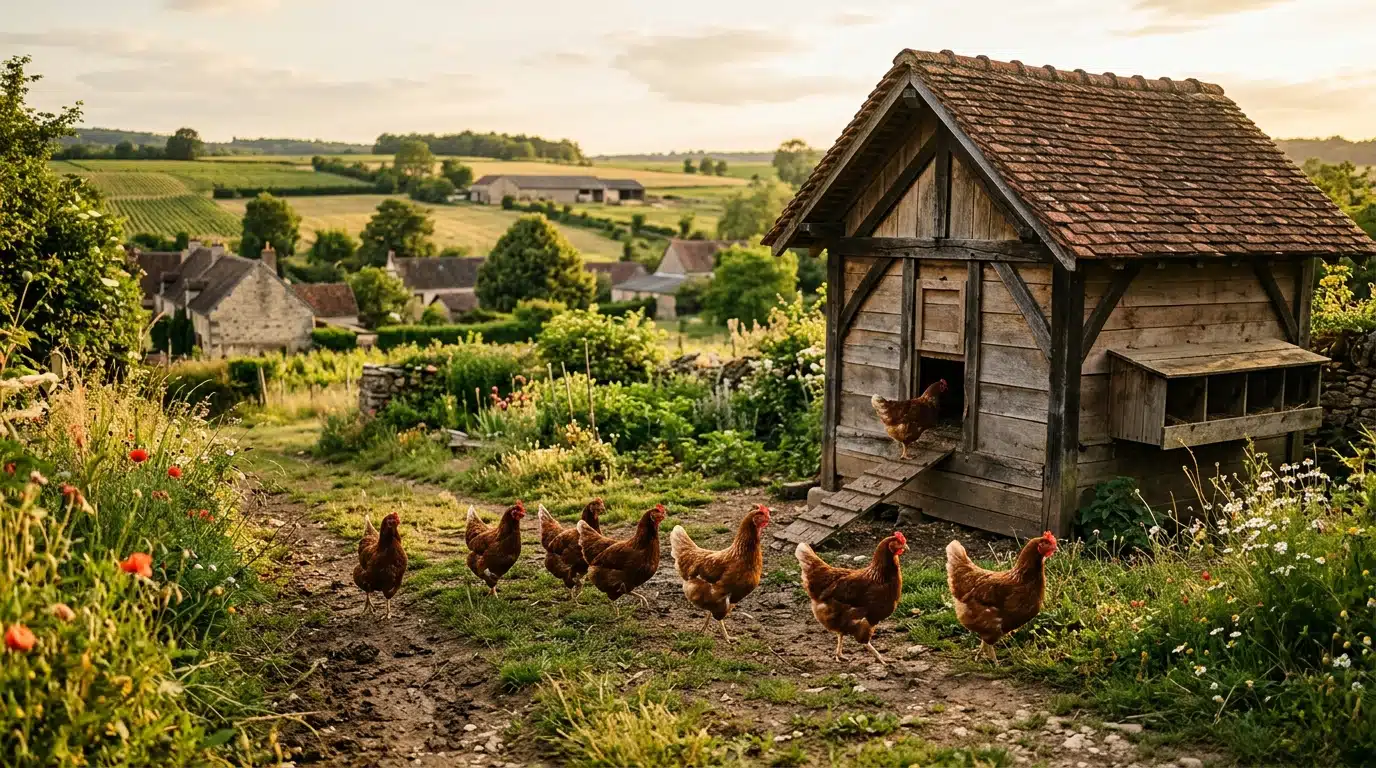 Poules rentrant au poulailler en plein après-midi pendant l'éclipse