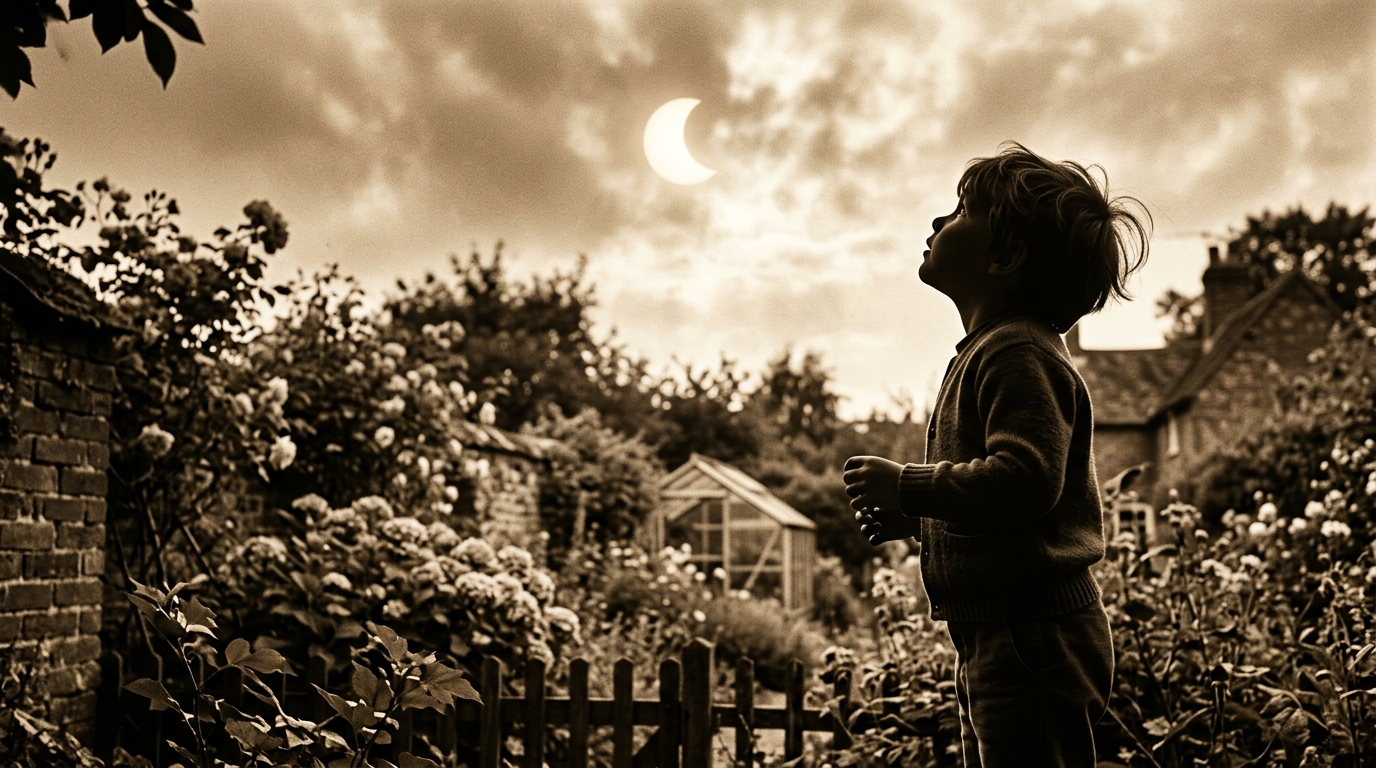 Enfant observant une éclipse solaire sans protection en 1962