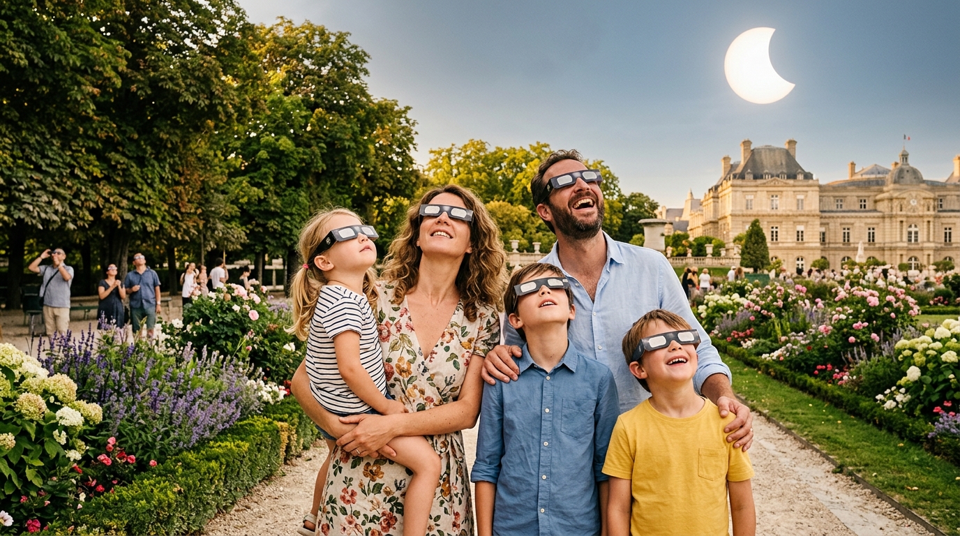 Famille française observant l'éclipse avec des lunettes homologuées