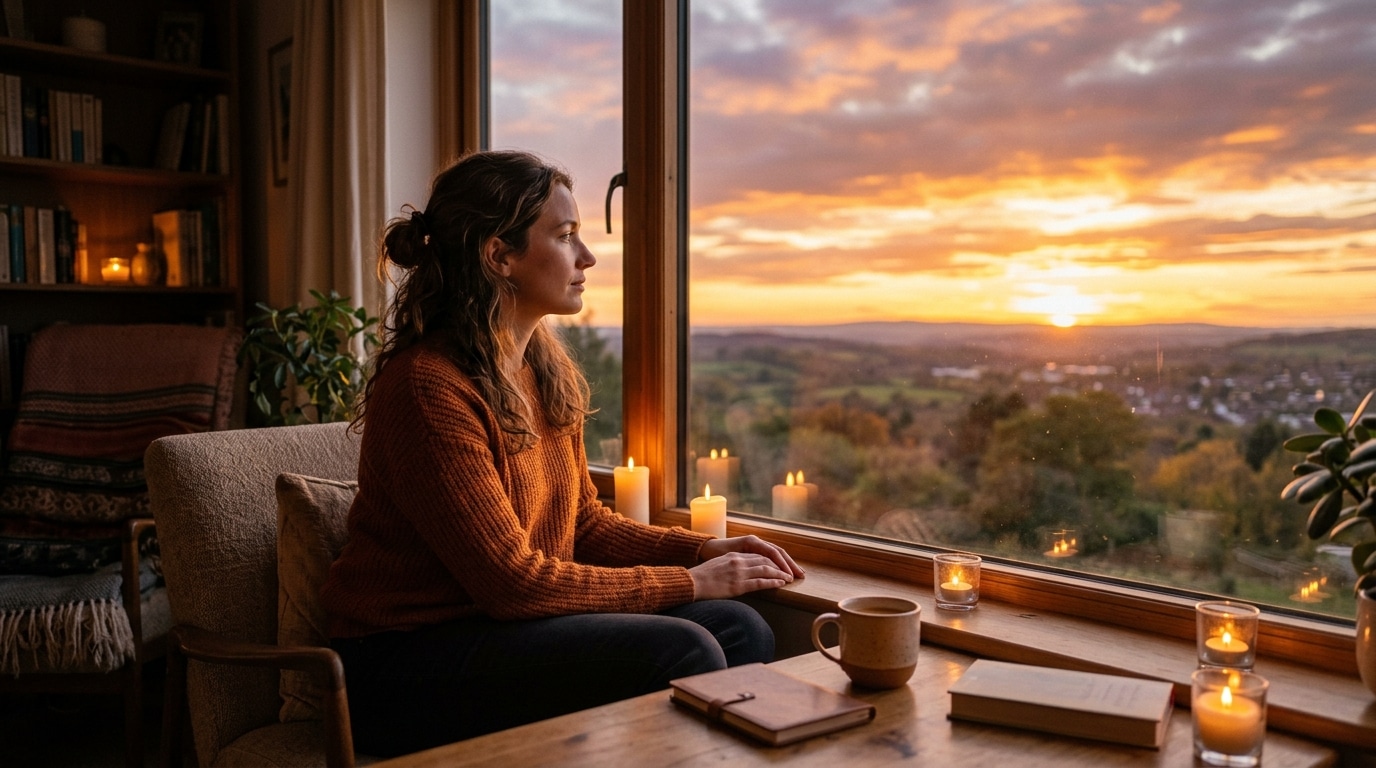 Femme regardant le ciel au coucher du soleil, ambiance mystique
