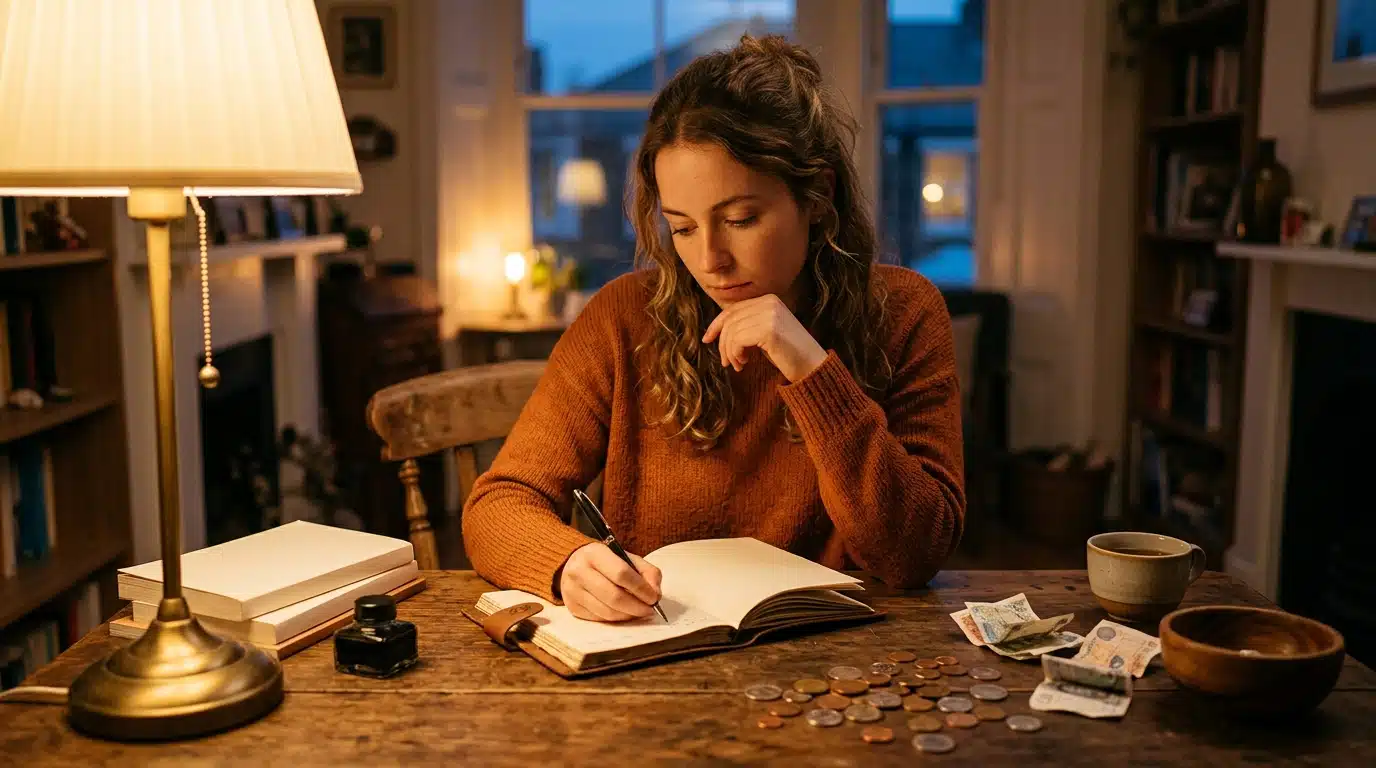 Femme faisant ses comptes financiers à la lueur d'une lampe