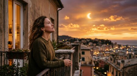 Femme observant l'éclipse solaire en Lion depuis un balcon