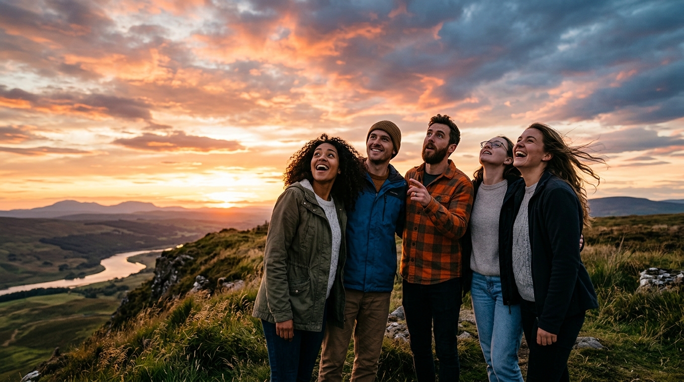Groupe d'amis regardant le ciel avant l'éclipse en Lion