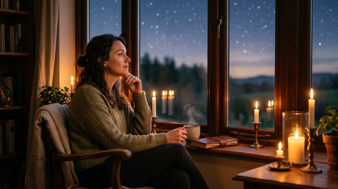 Femme pensive près d'une fenêtre sous un ciel étoilé