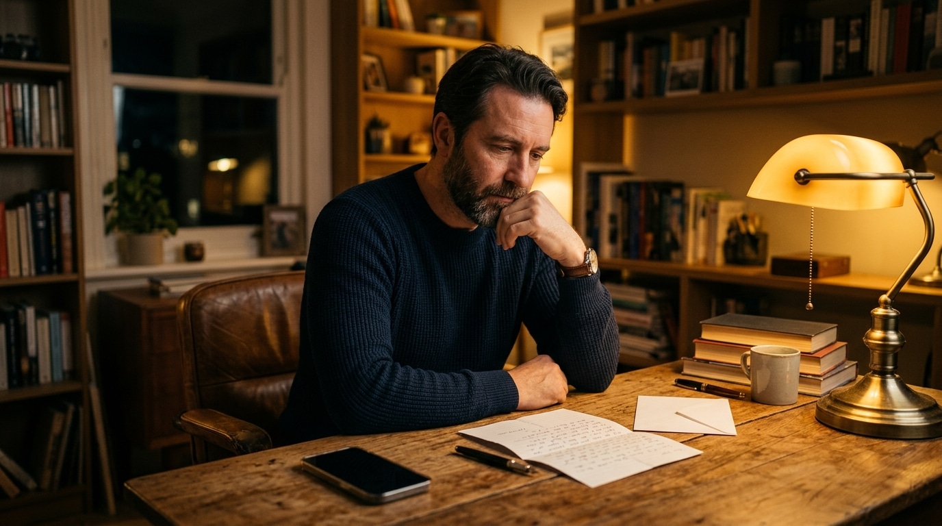 Homme attendant une réponse dans son bureau le soir