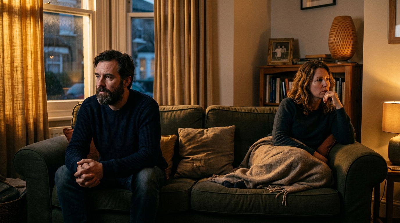 Couple silencieux assis dans une lumière dorée