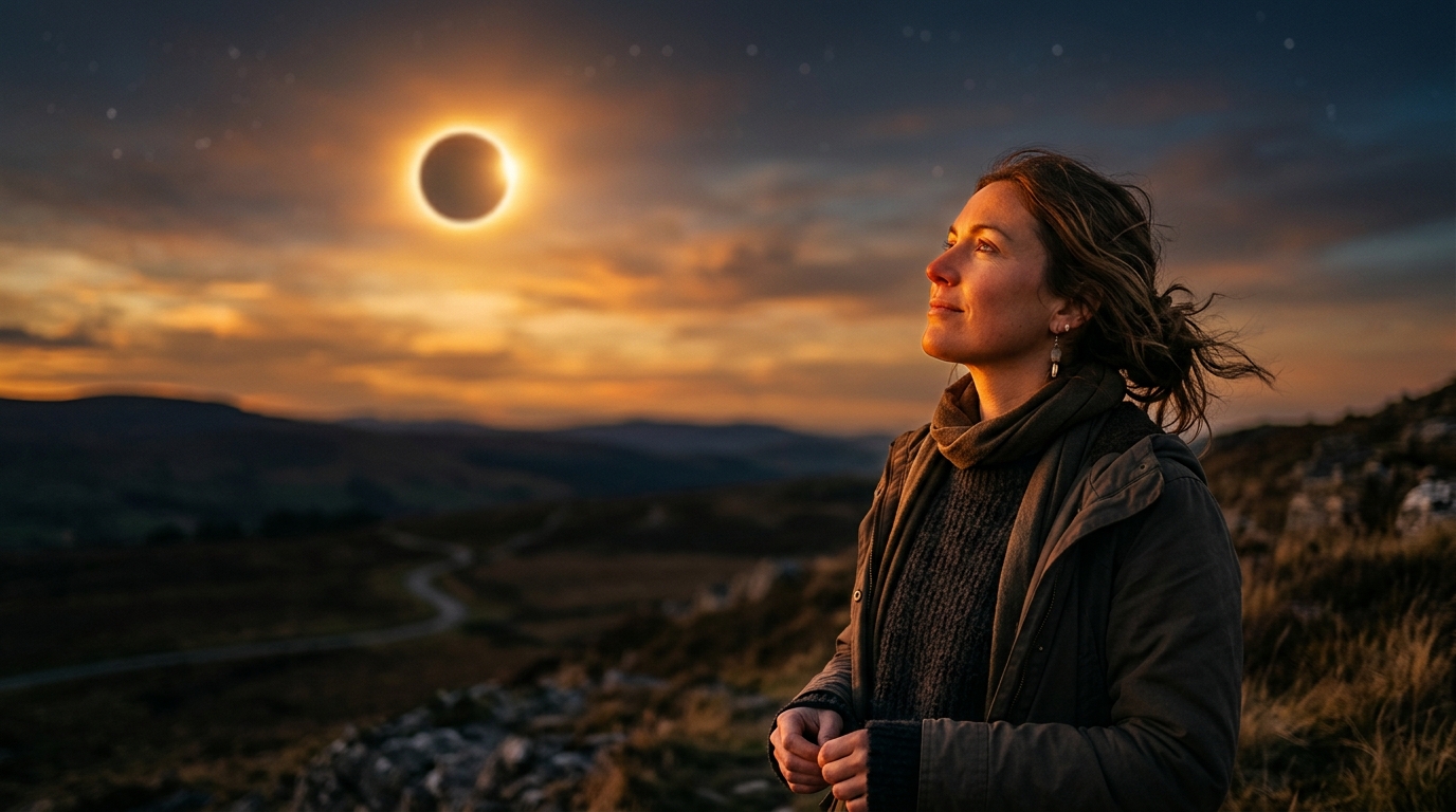Femme regardant le ciel doré lors de l'éclipse en Lion