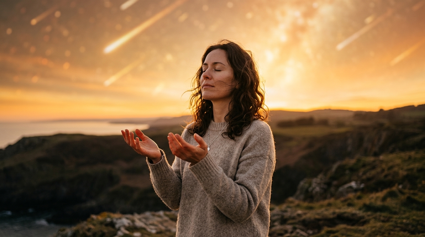 Femme les mains ouvertes lâchant symboliquement le passé