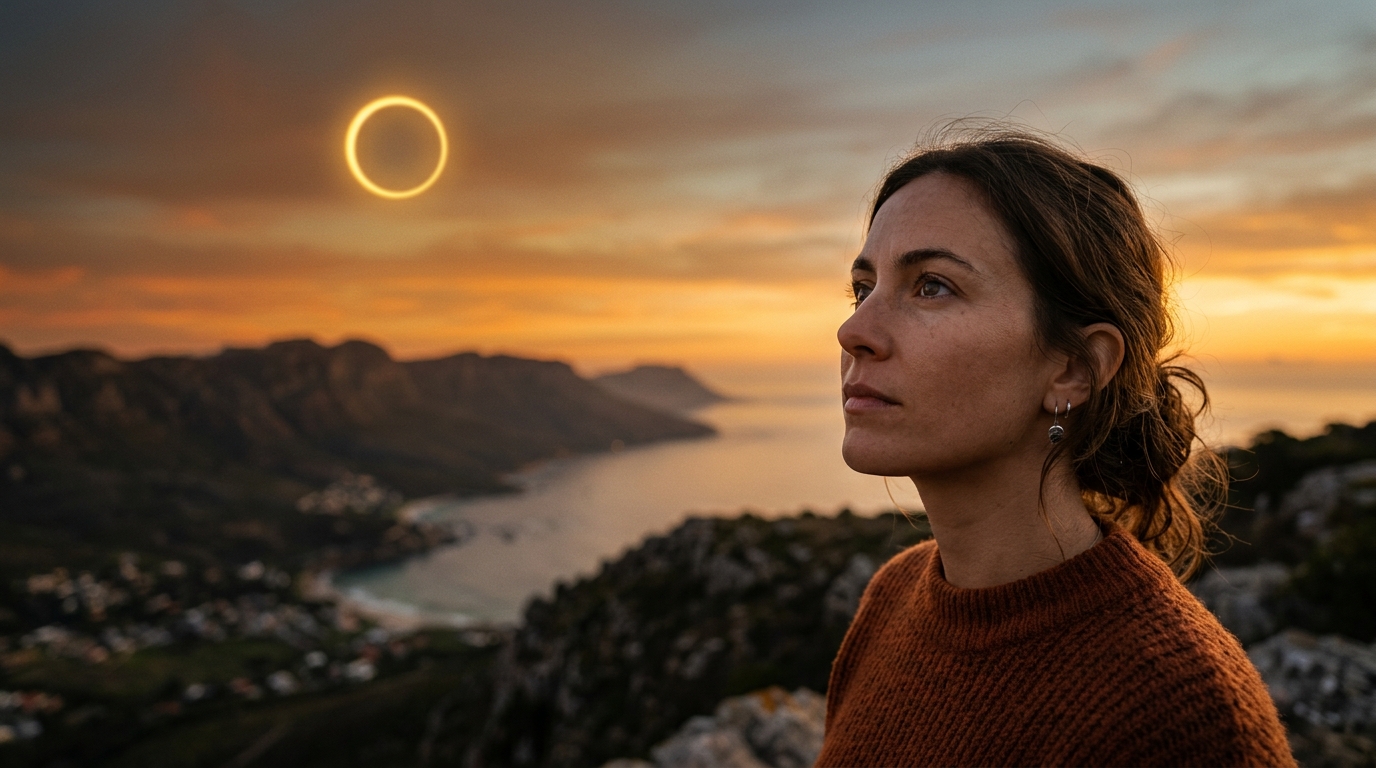 Femme regardant une éclipse solaire dorée au crépuscule