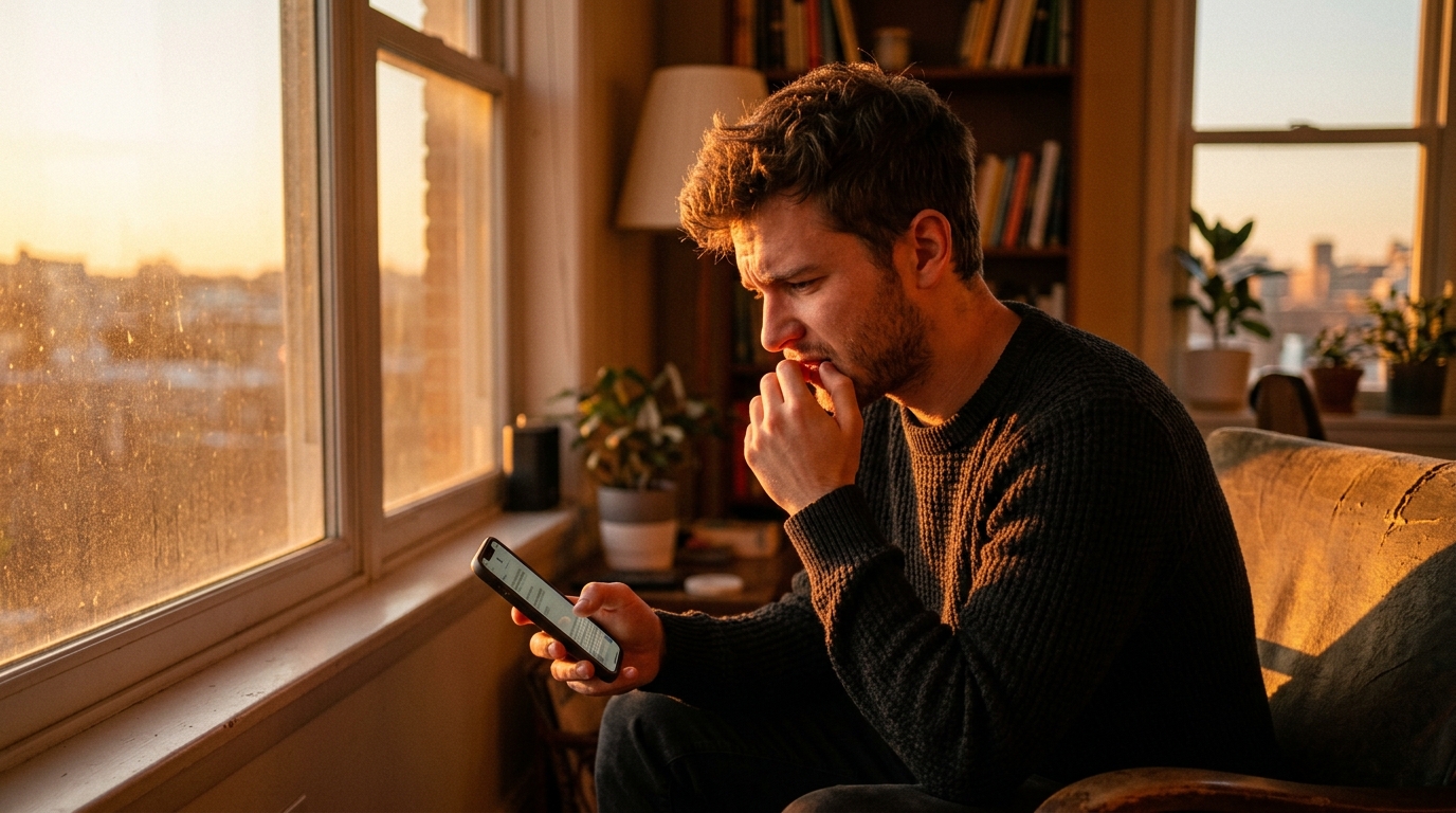 Homme hésitant avant d'envoyer un message important
