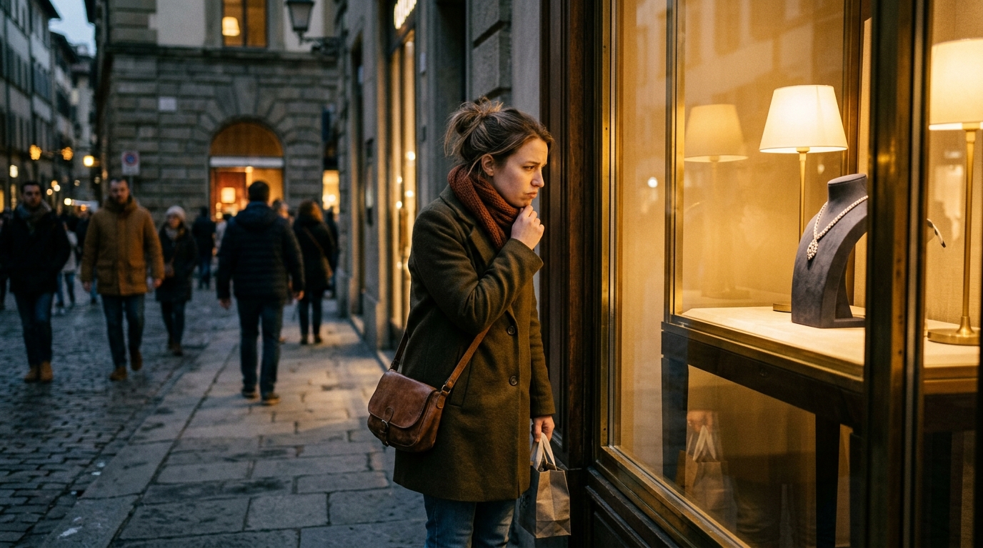 Femme hésitante devant une vitrine de magasin le soir