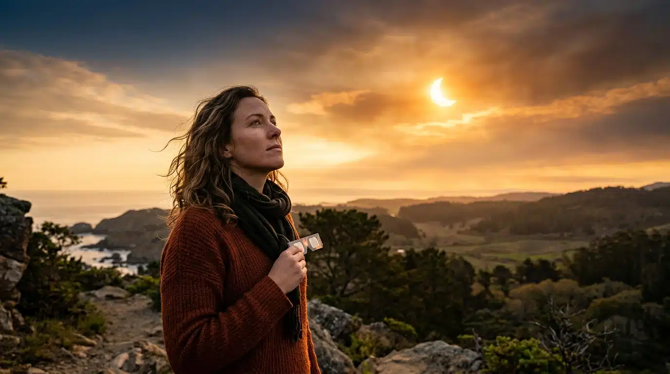 Femme observant l'éclipse solaire en Lion au lever du jour