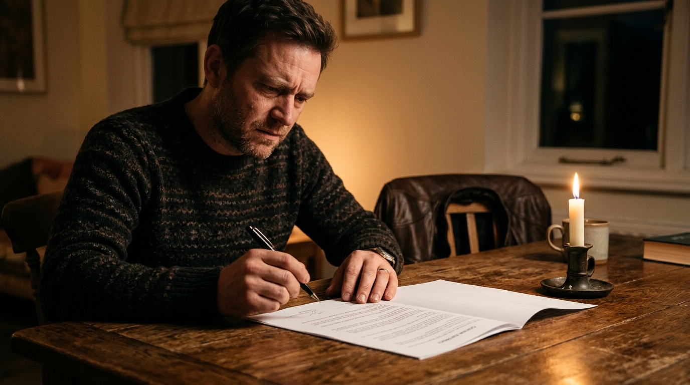 Personne hésitant à signer un contrat pendant l'éclipse