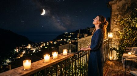 Femme observant l'éclipse lunaire partielle depuis son balcon