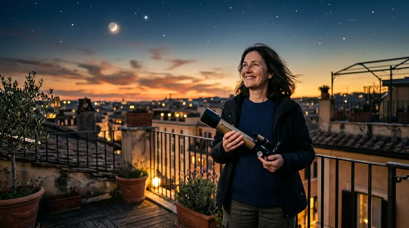 Personne observant le ciel étoilé avec un télescope au crépuscule