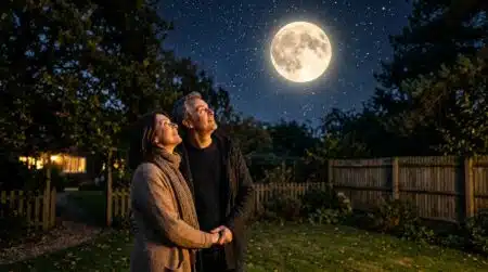 Couple observant l'éclipse lunaire dans leur jardin la nuit