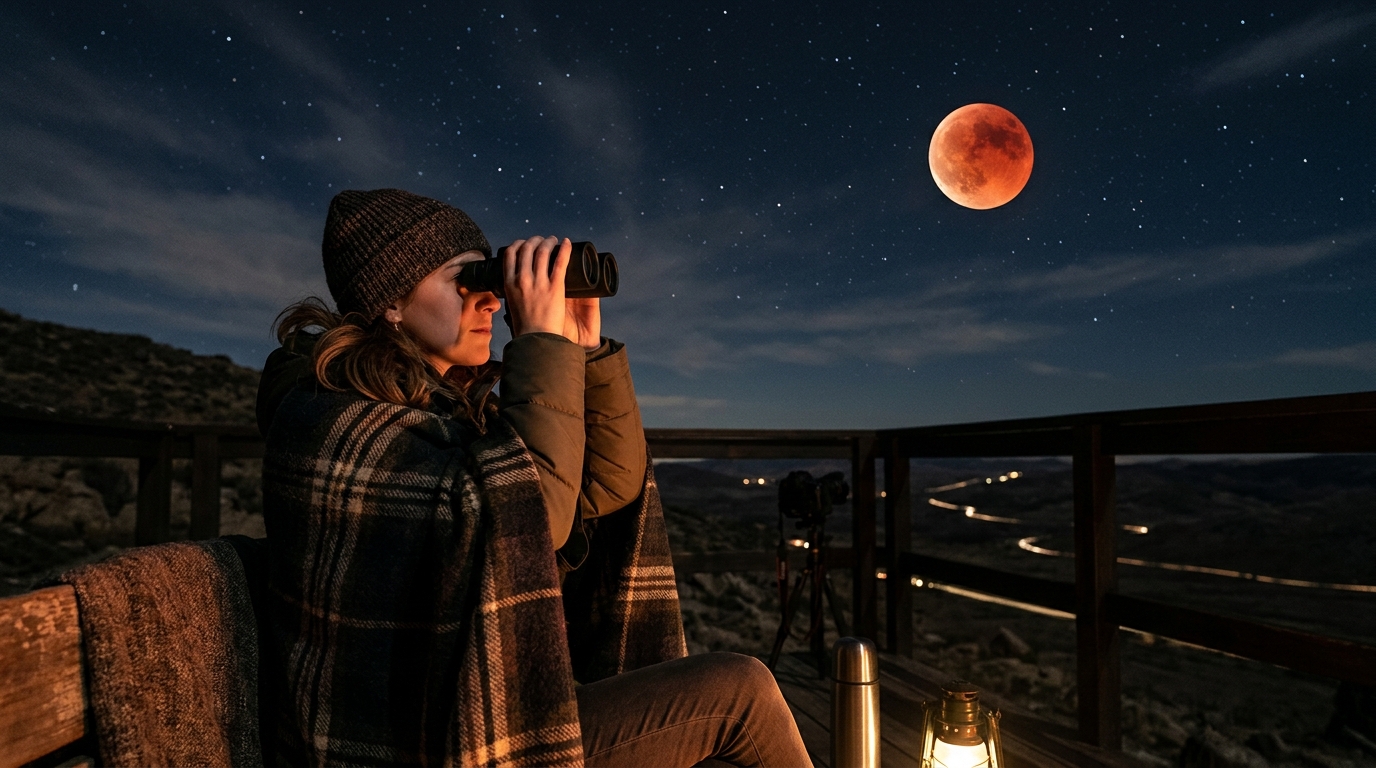 Femme utilisant des jumelles pour observer la lune cuivrée