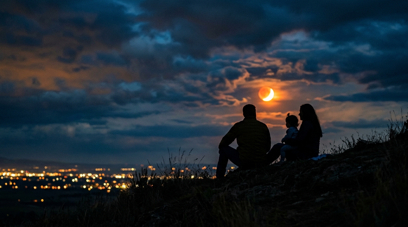 Famille installée sur une colline pour regarder l'éclipse lunaire