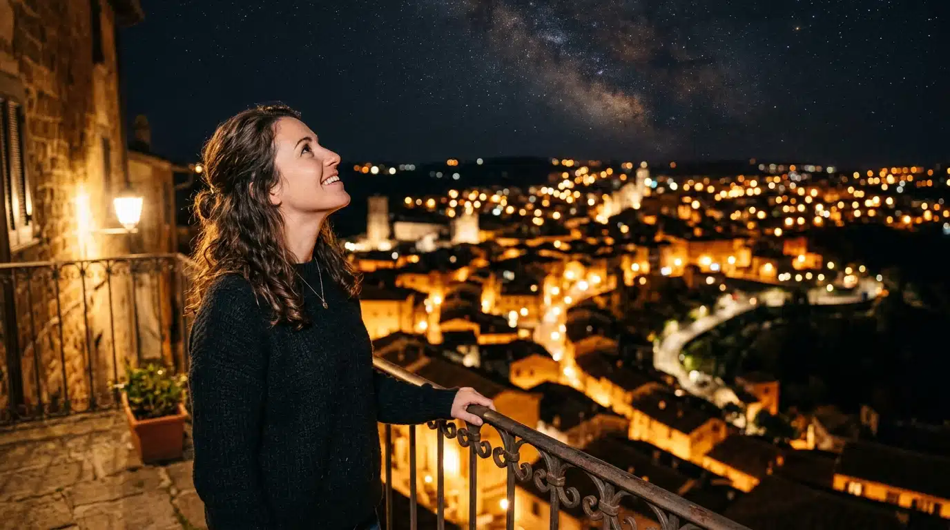 Femme observant le ciel nocturne depuis un balcon