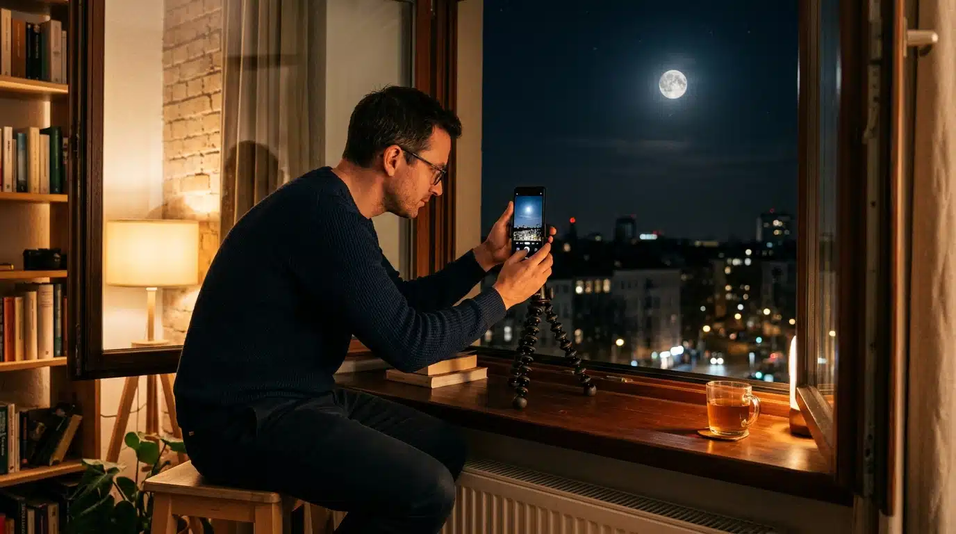 Homme photographiant la Lune avec son smartphone