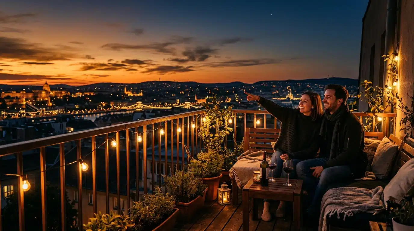 Couple observant l'éclipse lunaire depuis un toit-terrasse