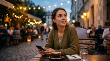 Jeune femme souriante levant les yeux de son téléphone au crépuscule