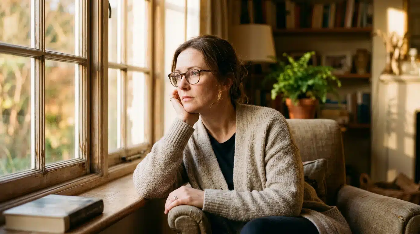 Femme aux lunettes témoignant de sa perte de vision