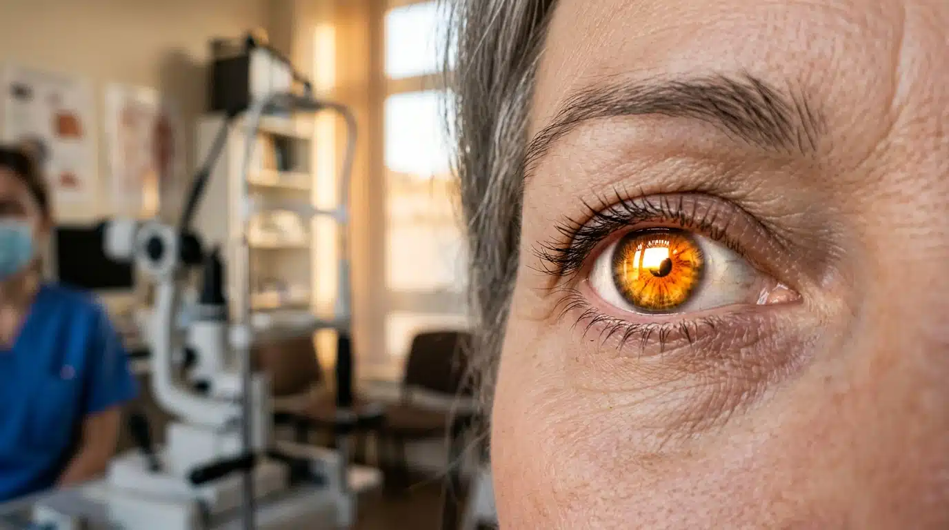 Œil humain reflétant le soleil, risque de brûlure rétinienne