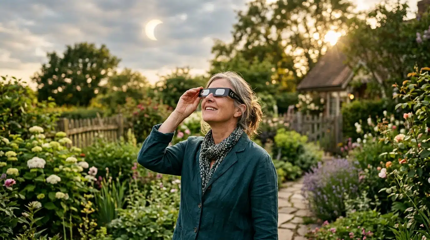 Femme portant des lunettes homologuées pour observer l'éclipse