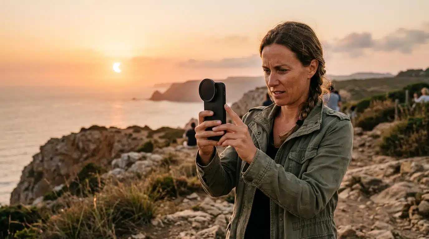 Personne photographiant l'éclipse avec un filtre solaire adapté