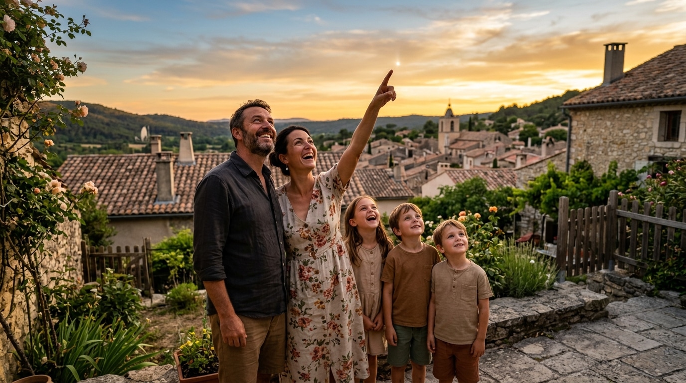 Famille observant le ciel au coucher du soleil avant l'éclipse