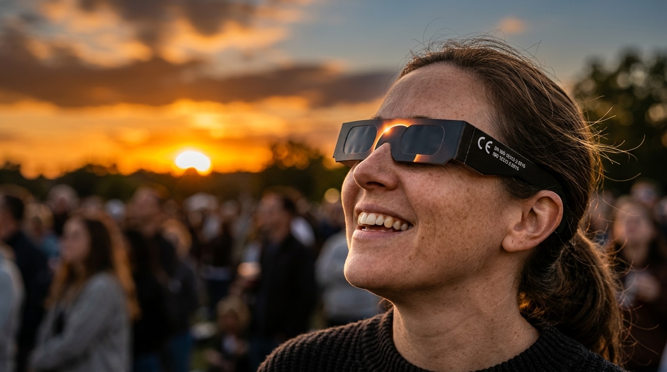Personne portant des lunettes d'éclipse certifiées norme CE