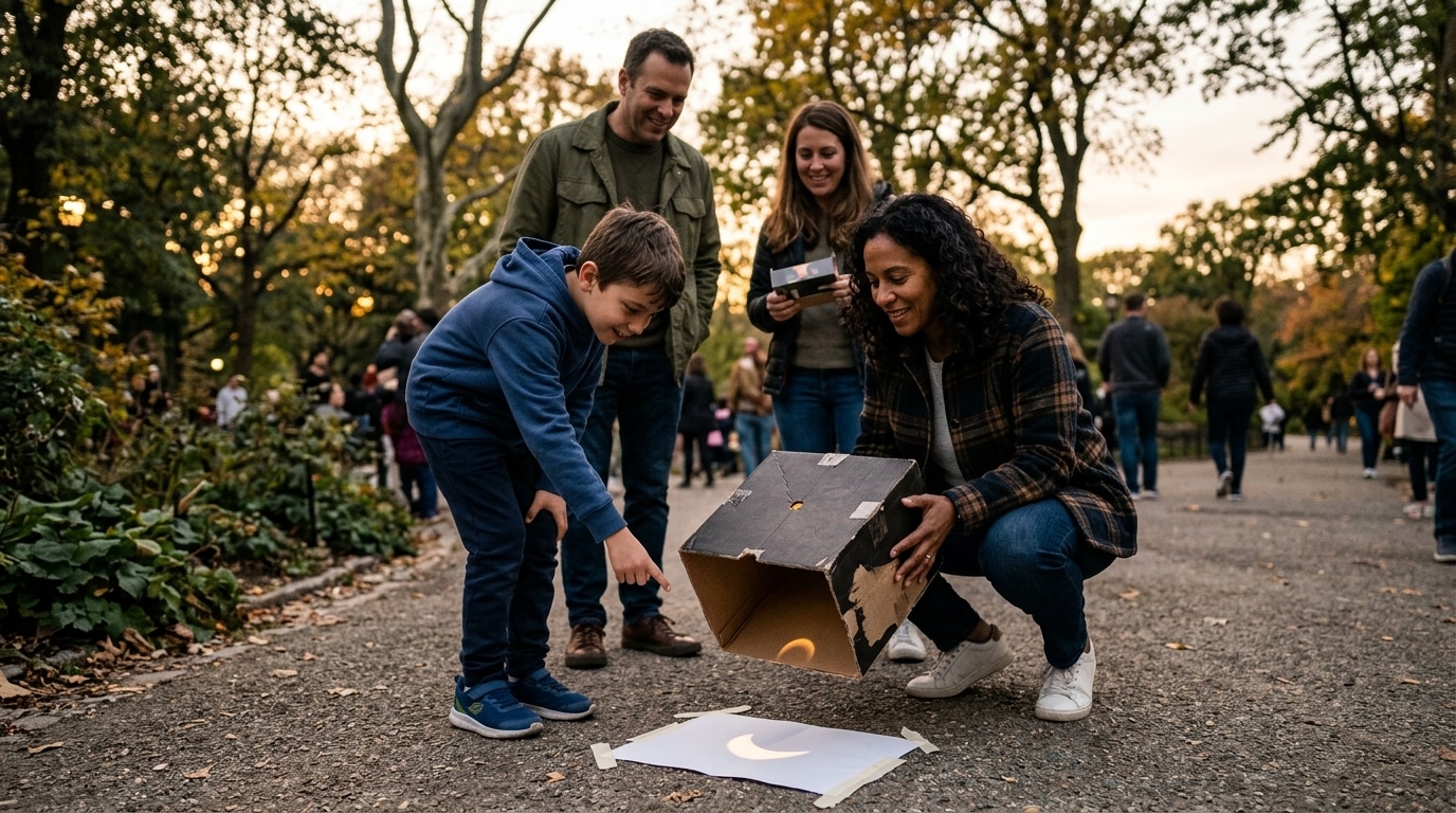 Groupe utilisant une projection par sténopé pour observer l'éclipse