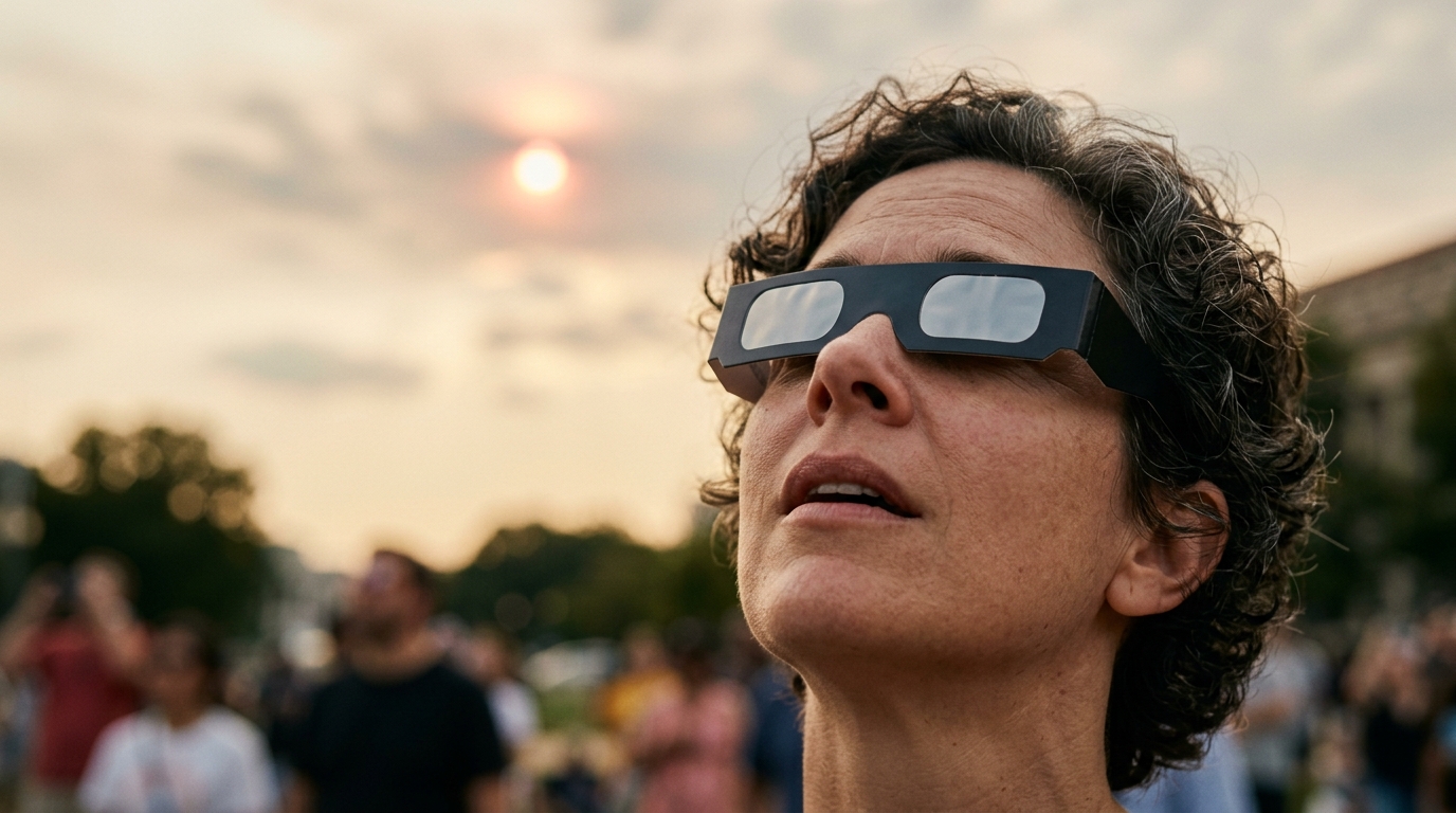 Personne portant des lunettes certifiées pour observer le ciel