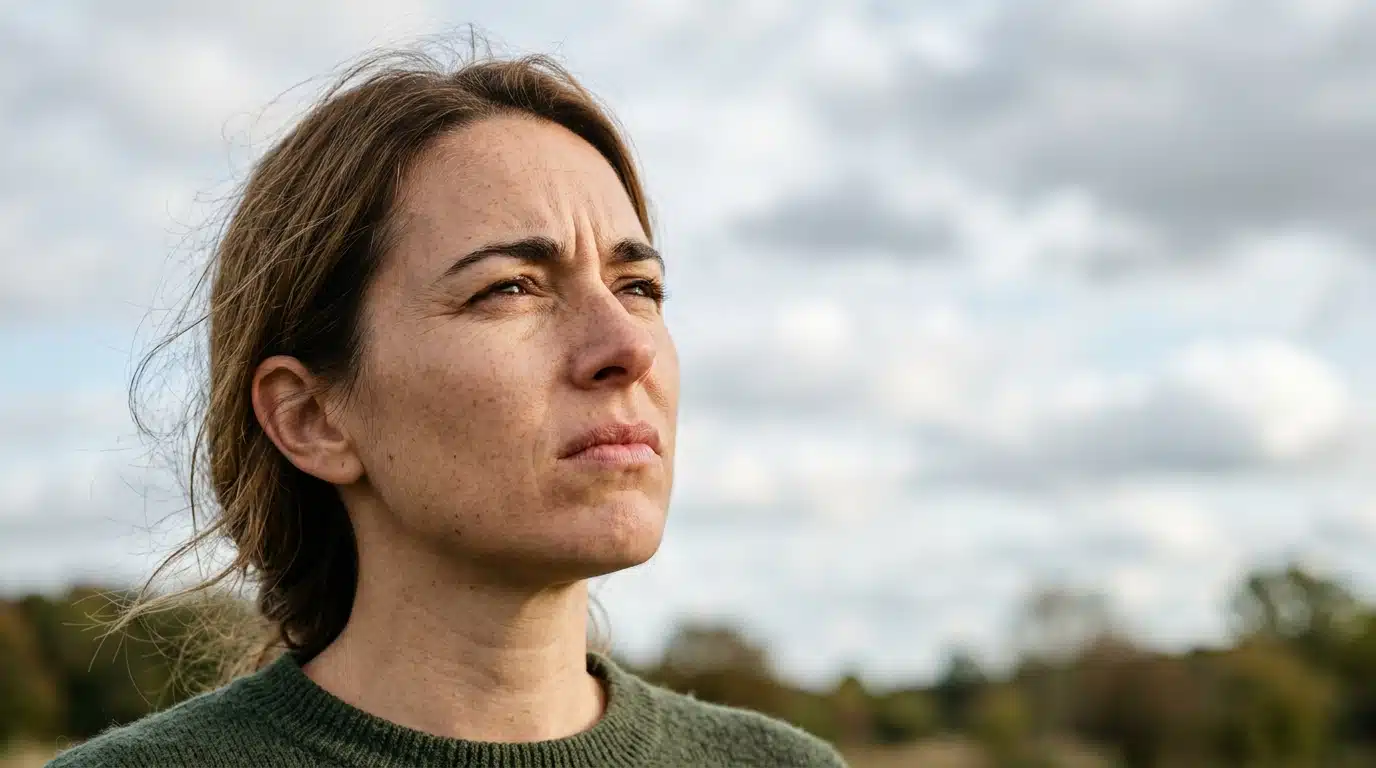 Personne regardant le ciel avec une expression inquiète