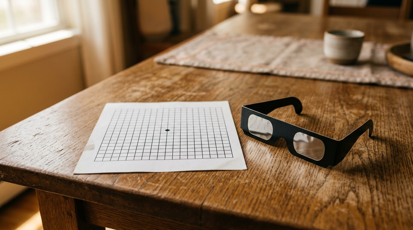 Grille de test visuel posée près de lunettes d'éclipse