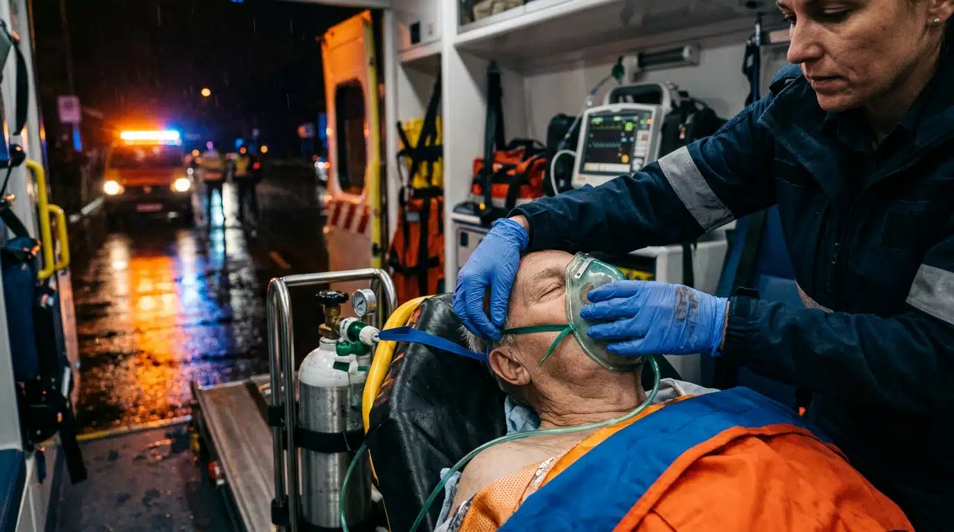 Ambulance avec gyrophare devant un hôpital