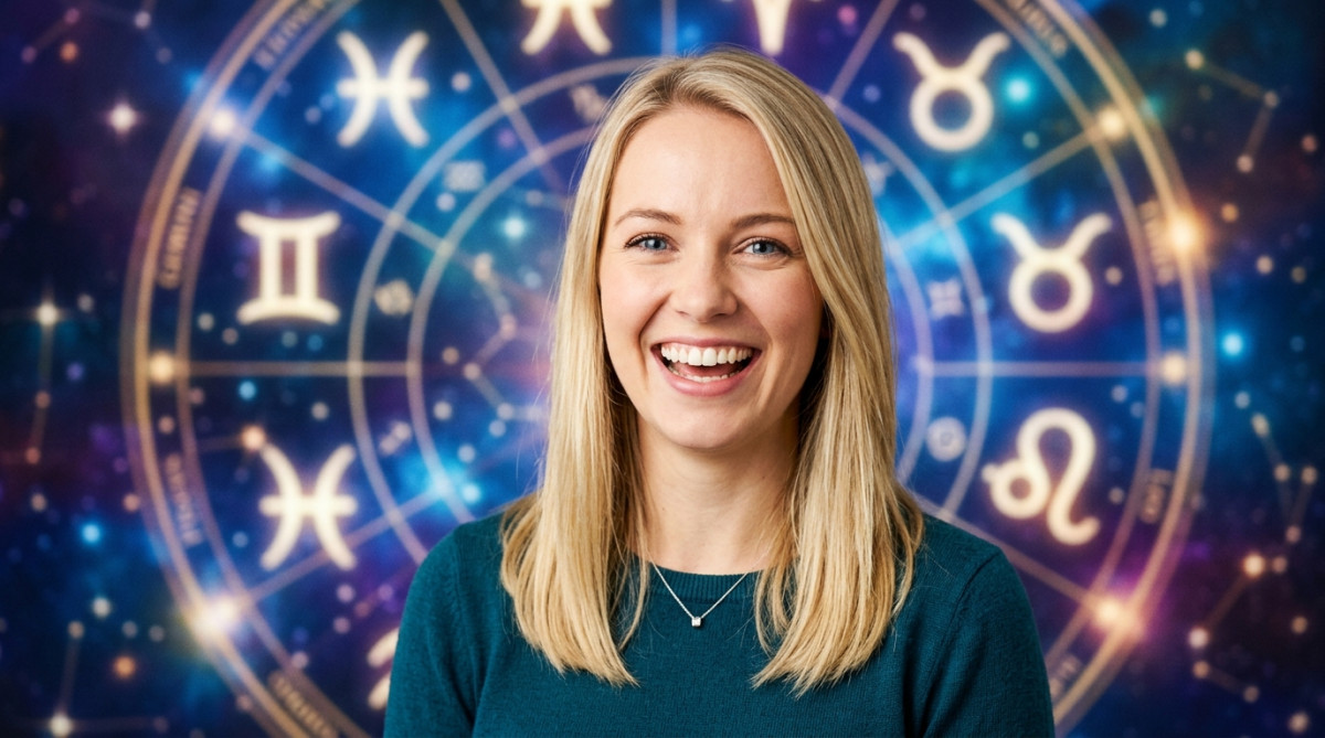 Editorial portrait photo of a young blonde woman with straight hair, looking at camera with amazed a