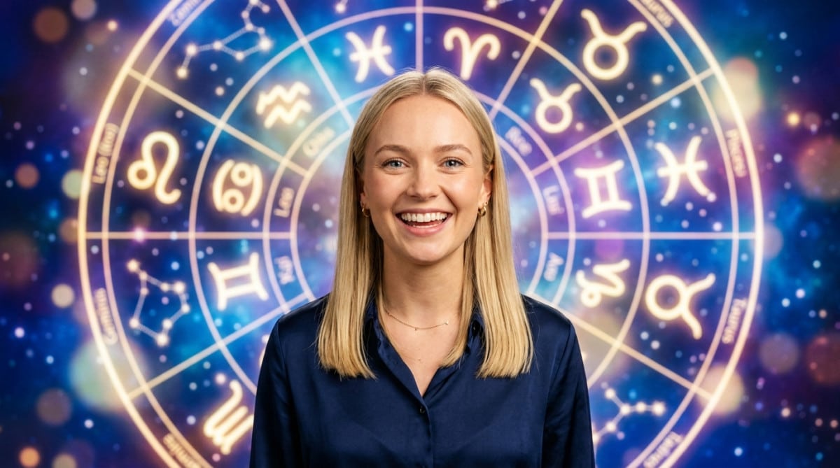 Editorial portrait photo of a young blonde woman with straight hair, looking at camera with amazed a