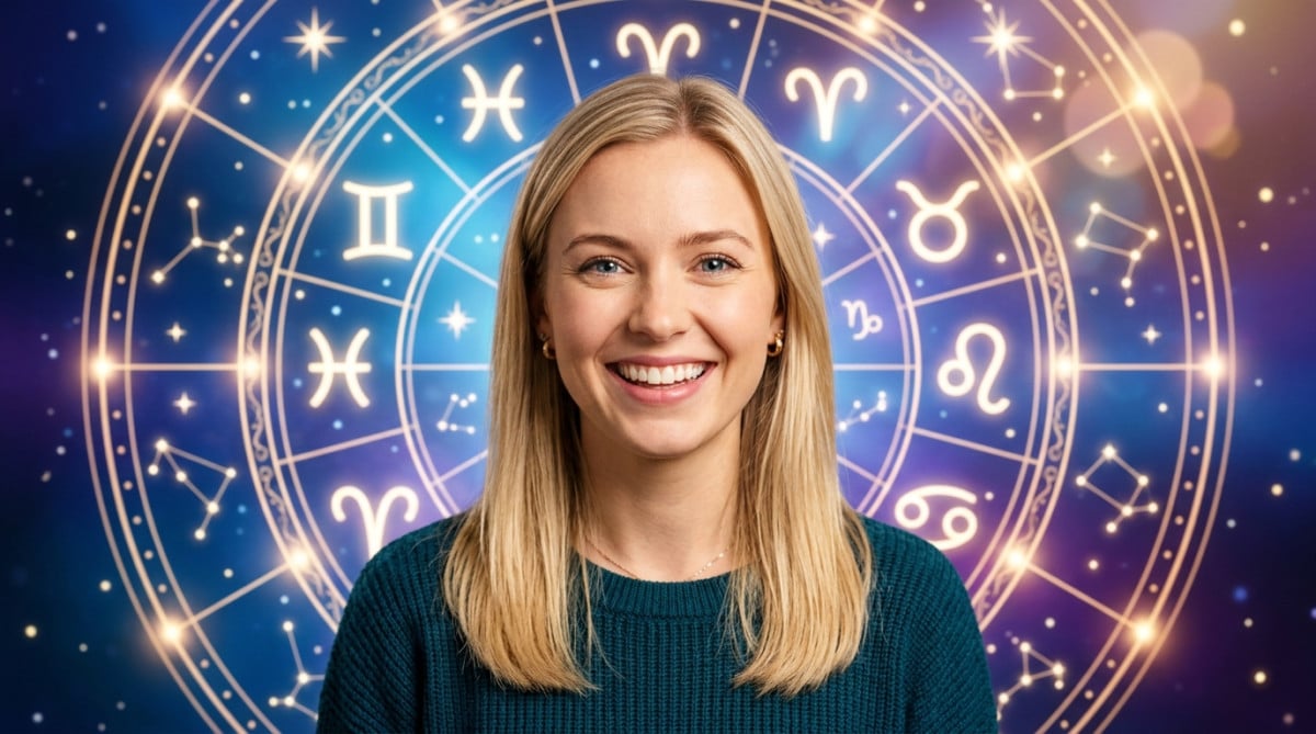 Editorial portrait photo of a young blonde woman with straight hair, looking at camera with amazed a